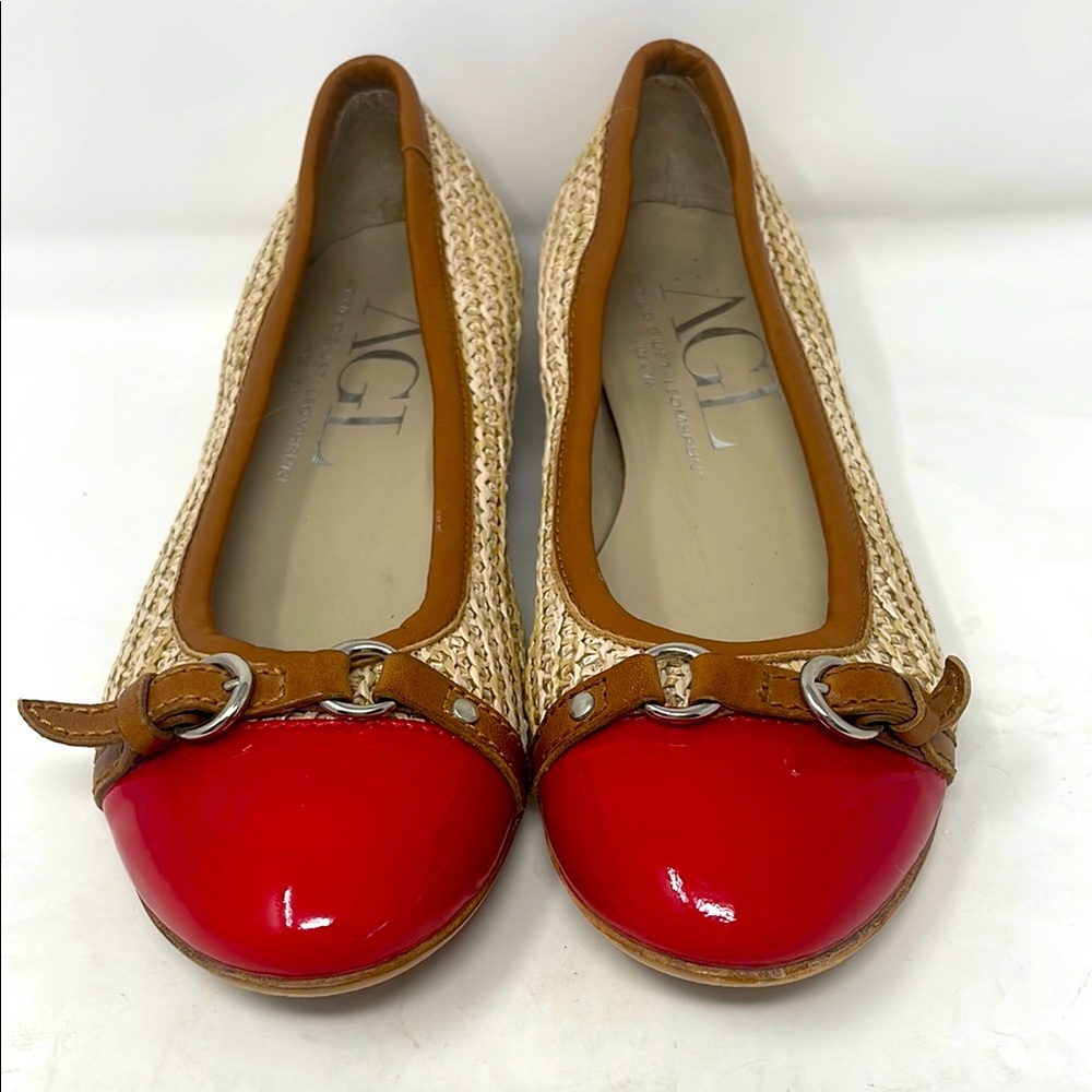 AGL Attilio Giusti Leombruni Red Patent Tan Straw Woven Ballet Flats Size 37